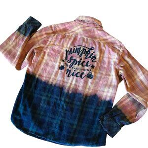 Bleached Flannel Autumn Shirt Upcycled, Painted Pumpkin Spice, Sz Junior Medium